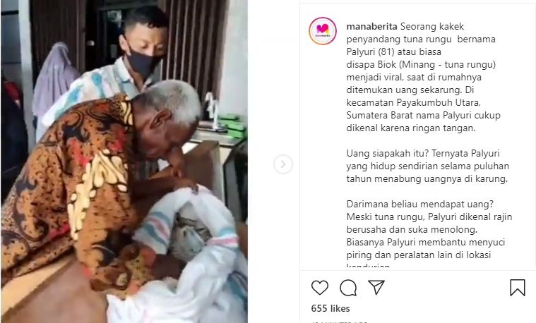 Kakek tunarungu kumpulkan uang di dalam karung total mencapai hampir Rp 100 juta. (Instagram/manaberita)