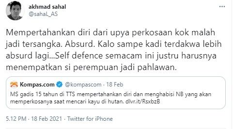 Gus Sahal komentari gadis bunuh pemerkosa jadi tersangka (Twitter/sahal_as)