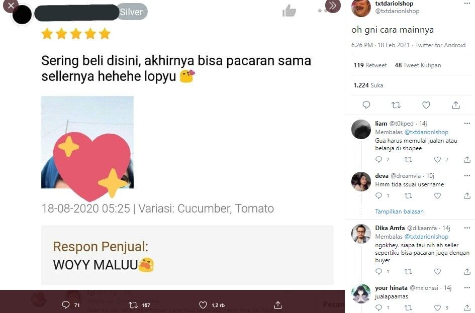 Rajin belanja di olshop bonus pacaran sama penjual (Twitter/txtdarionlshop)