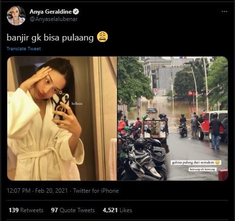 Nginap di Hotel Gegara Banjir, Anya Geraldine: Ngungsi Seadanya, Sebel!. (Twitter/@AnyaSelalubenar)