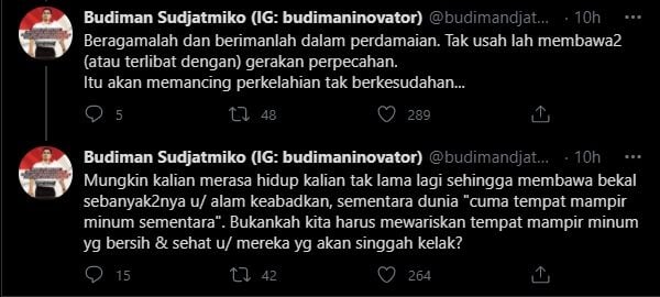 Potongan utas Budiman Sudjatmiko tentang oknum artis hijrah (Twitter).