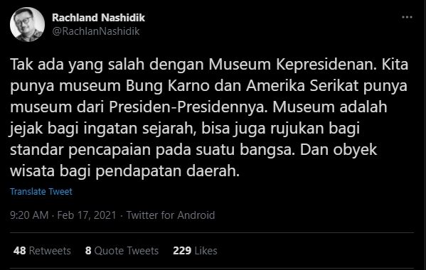 Cuitan Rachland Nashidik soal Museum SBY (Twitter).