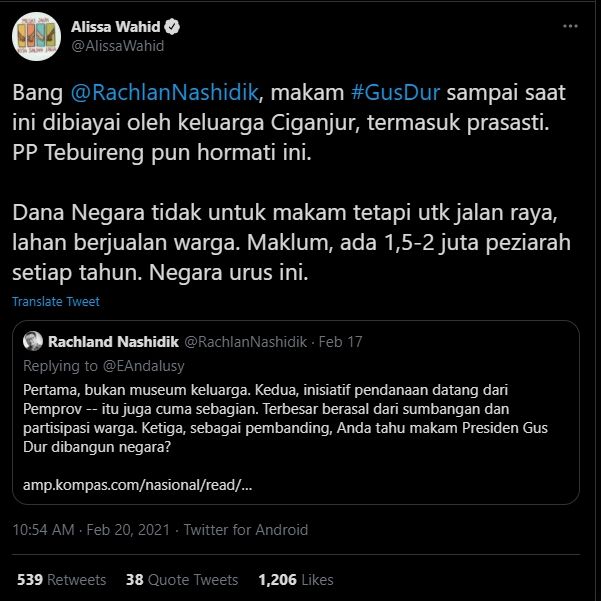 Alissa Wahid mengomentari pernyataan Rachland Nashidik (Twitter).