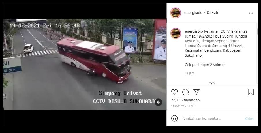 Viral rekaman CCTV detik-detik kecelakaan bis vs motor (Instagram/energisolo).