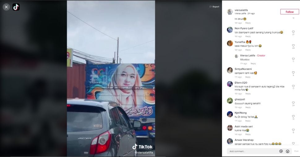 Fotonya terpampang di bokong truk, wanita ini girang bukan main (TikTok).