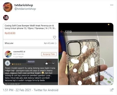 Pesan softcase yang datang gambar vulgar (Twitter/txtdarionlshop)