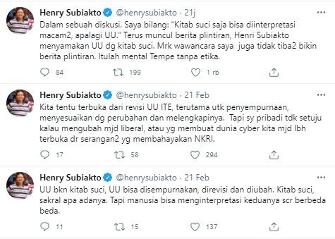 Henry Subiakto beri penjelasan soal bandingkan UU ITE dengan kitab suci (Twitter/henrysubiakto)