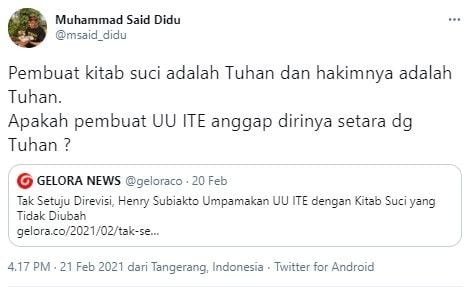 Komentar Said Didu soal UU ITE dibandingkan dengan kitab suci (Twitter/msaid_didu)