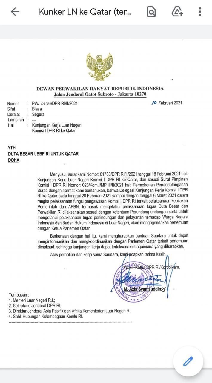 Beredar Surat Rencana Kunker Komisi I ke Qatar di Tengah Pandemi. (Ist)