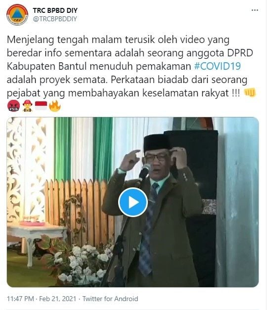 Viral video anggota DPRD Bantul menuduh pemakaman Covid-19 cuma proyek - (Twitter/@TRCBPBDDIY)