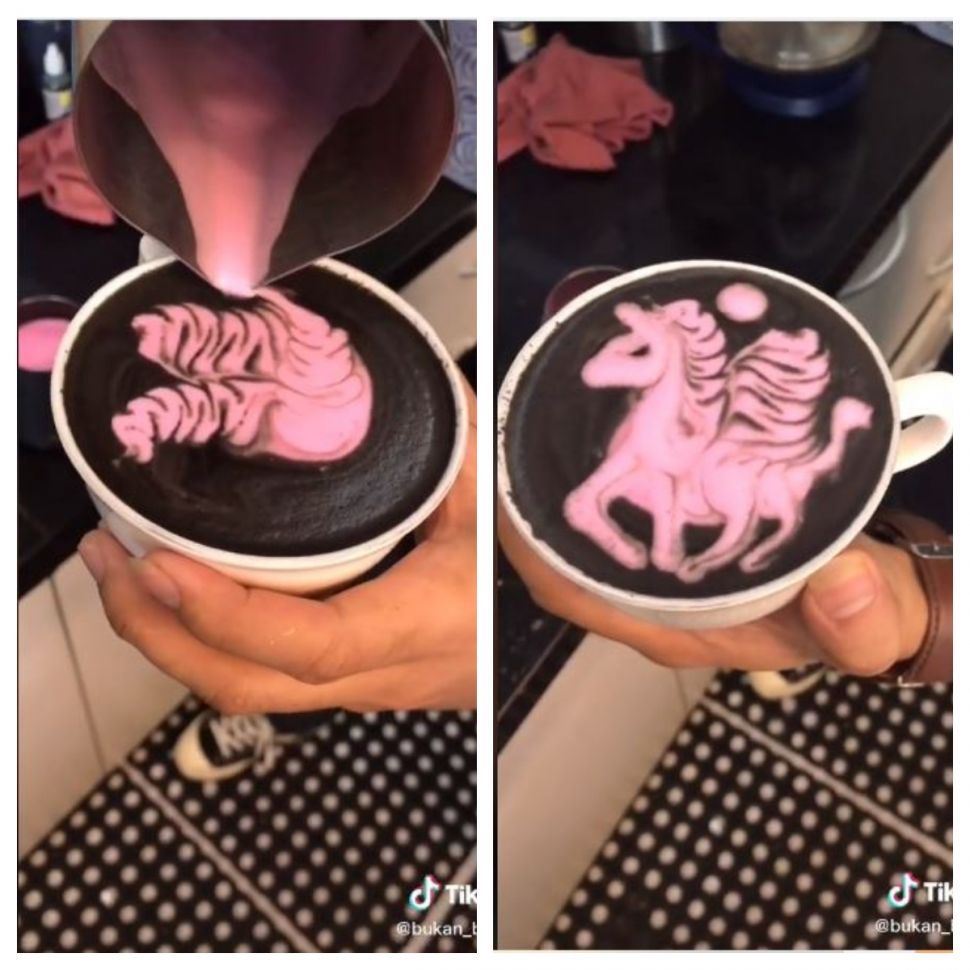 Latte art unicorn pink (TikTok @bukan_barista)