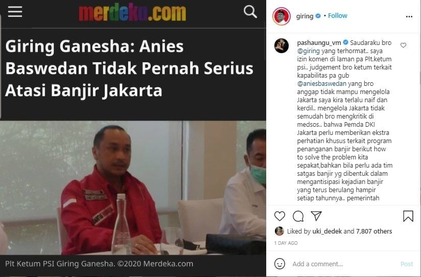 Pasha berkomentar di unggahan Giring soal kritik untuk Anies - (Instagram/@giring)