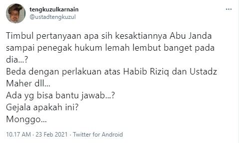 Tengku Zul pertanyakan kesaktian Abu Janda (Twitter/ustadtengkuzul)