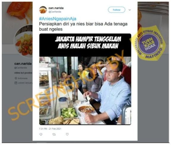 Cek fakta Anies Baswedan malah sibuk makan saat Jakarta banjir (turnbackhoax.id).