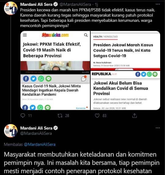 Cuitan Mardani Ali Sera soal kunjungan Jokowi di NTT. (Twitter/MardaniAliSera)