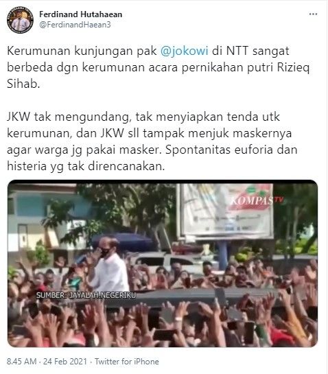 Ferdinand sebut kerumunan Jokowi di NTT beda dengan kasus Rizieq (Twitter/ferdinandhaean3)