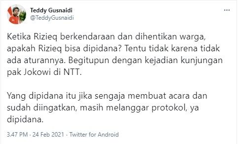 Komentar Teddy soal Jokowi ciptakan kerumunan di NTT (Twitter/teddygusnaidi)