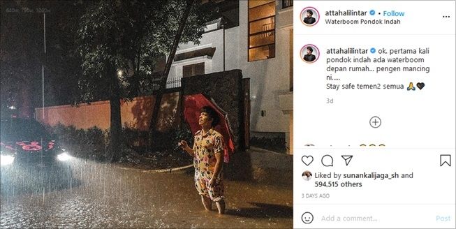 Deretan potret artis saat kebanjiran. (Instagram/@attahalilintar)