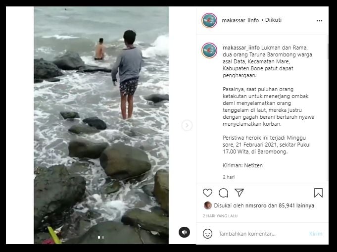 Viral aksi pemuda terjang ombak demi menyelamatkan orang tenggelam di laut (Instagram/makassar_iinfo).