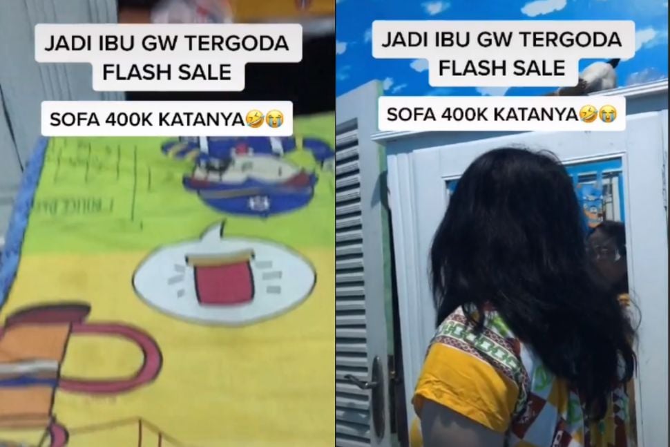 Viral Emak-emak beli sofa Rp 400 ribu, ternyata begini aslinya. (Tiktok/@indomigoyengtelorrr)