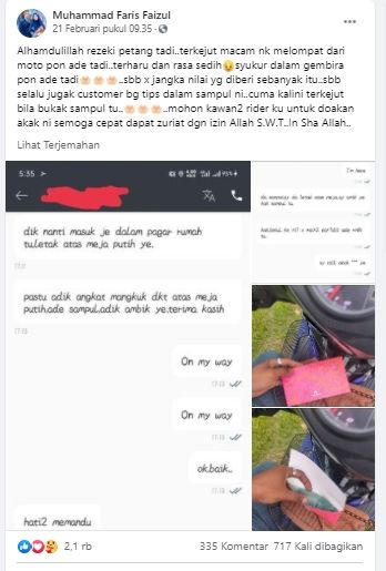 Ojol Dapat Amplop Usai Antar Makanan, Publik Ikut Kaget Pas Lihat Isinya. (Facebook/Muhammad Faris F