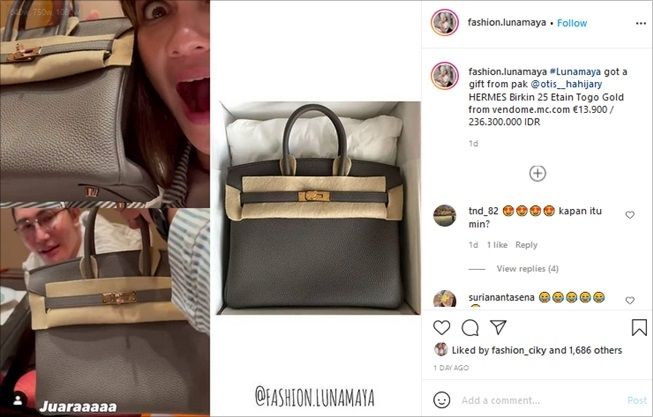 Luna Maya dapat kado tas mewah seharga rumah dari pria. (Instagram/@fashion.lunamaya)