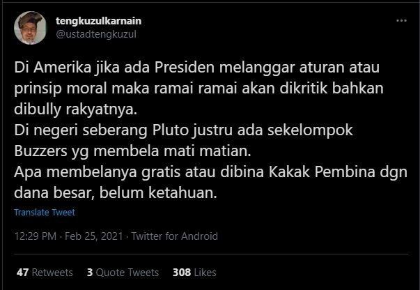 Tengku Zul sebut ada buzzer membela mati-matian presiden (Twitter).