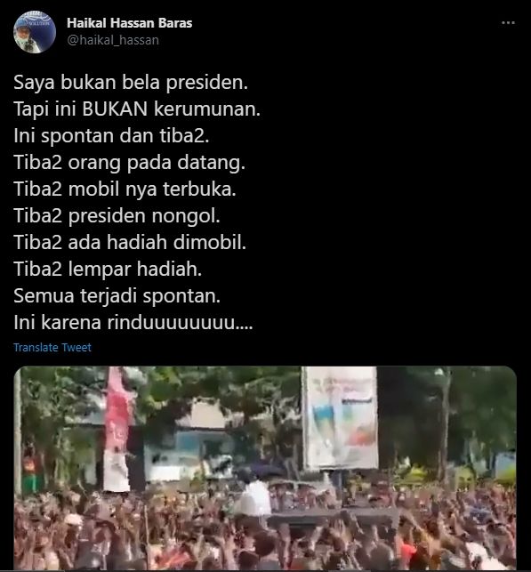 Haikal Hassan soal kerumunan Jokowi (Twitter).