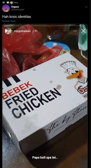 Viral Pria Dapat Bebek Fried Chicken, Publik Ikut Pusing Lihat Wujudnya. (Twitter/@darthbaper)