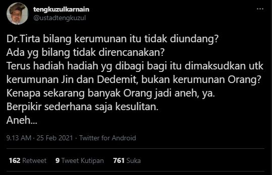 Ustad Tengku Zulkarnain tanggapi pernyataan dokter Tirta. (Twitter/ustadtengkuzul)