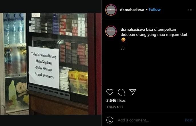 Nggak Terima Hutang, Warung Ini Tulis Pesan Menohok untuk Pelanggan. (Instagram/@dr.mahasiswa)