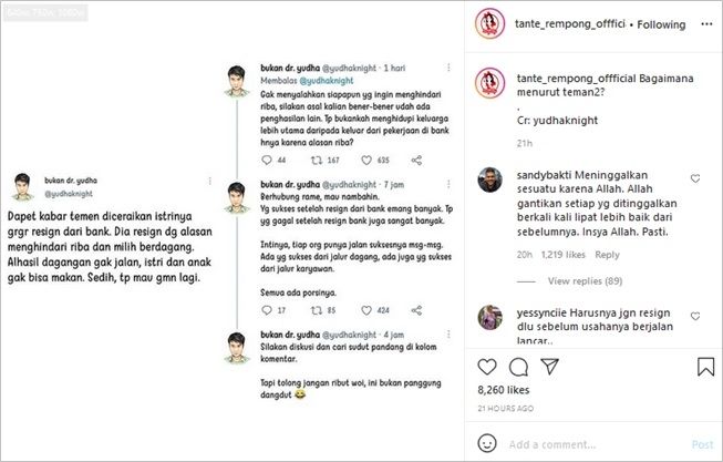 Viral kisah pria digugat cerai istri gegara resign dari bank. (Instagram/@tante_rempong_offficial)