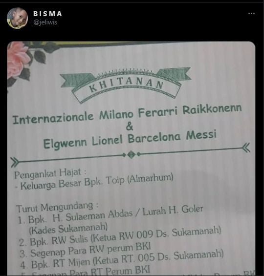 Viral nama anak dari klub sepak bola luar negeri. (Twitter/@jeliwis)