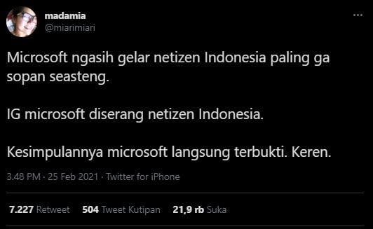 Warganet Indonesia serang akun Instagram Microsoft. (Twitter/@miarimiari )