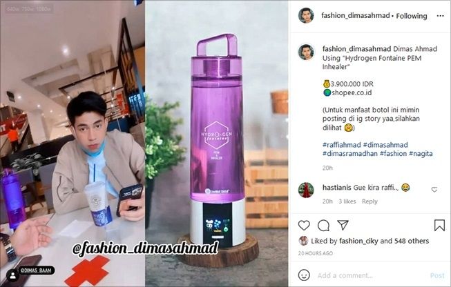 Dimas Ahmad pakai botol minum seharga nyaris Rp 4 juta. (Instagram/@fashion_dimasahmad)