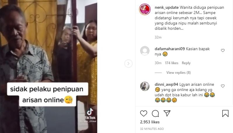 Viral wanita digerebek karena diduga menipu arisan online Rp 2 miliar. (Instagram/nenk_update)