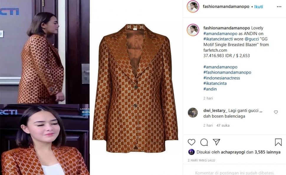 Amanda Manopo mengenakan pakaian seharga Rp 35 juta untuk syuting sinetron Ikatan Cinta. [Instagram @fashionamandamanopo]