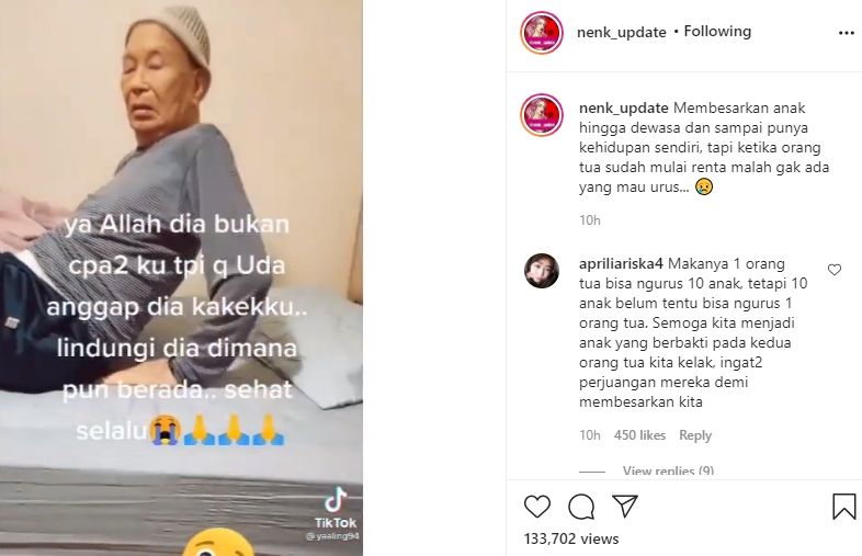 Seorang ayah mau dimasukkan ke panti jompo karena anak tidak mau mengurus. (Instagram/nenk_update)