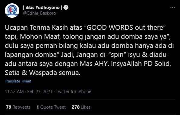 Cuitan Ibas soal diduetkan dengan Moeldoko (Twitter).