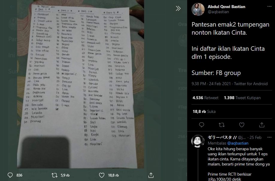 Daftar iklan Ikatan Cinta. (Twitter/@aqbastian)