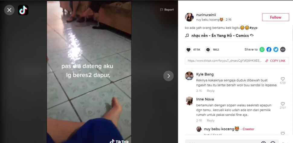 Curhat wanita soal tamu tanpa lepas sandal (TikTok)