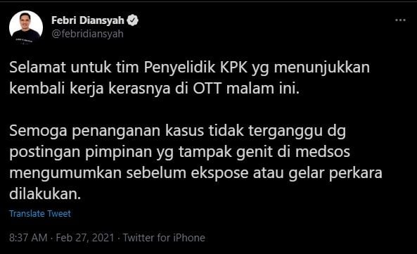 Cuitan Febri Diansyah untuk KPK (Twitter/Febridiansyah).