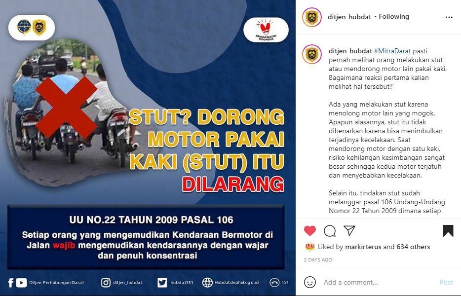 Unggahan Dishub tentang larangan stut motor. (Instagram)