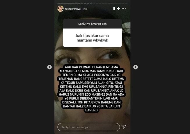 Tips berteman dengan mantan ala Rachel Vennya. (Instagram/@rachelvennya)