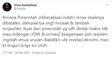 Jimly Asshiddiqie minta Jokowi batalkan izin investasi miras (Twitter/jimlyas)