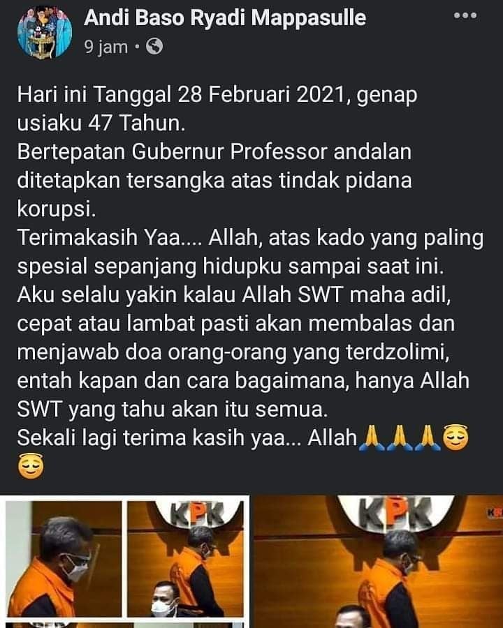 Status syukur atas ditetapkannya Nurdin Abdullah sebagai tersangka. [makassar.terkini.id]