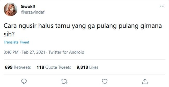 Viral Wanita Minta Saran Cara Sopan Usir Tamu, Solusi Warganet Kocak Banget. (Twitter/@erzavindaf)