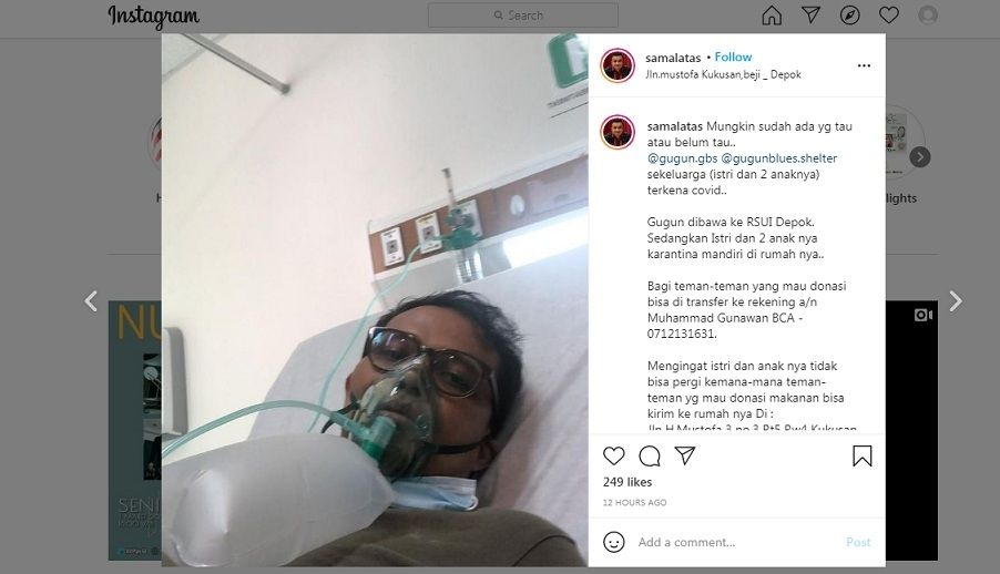 Gugun GBS dirawat di rumah sakit karena sakit covid-19 [Instagram/samalatas]