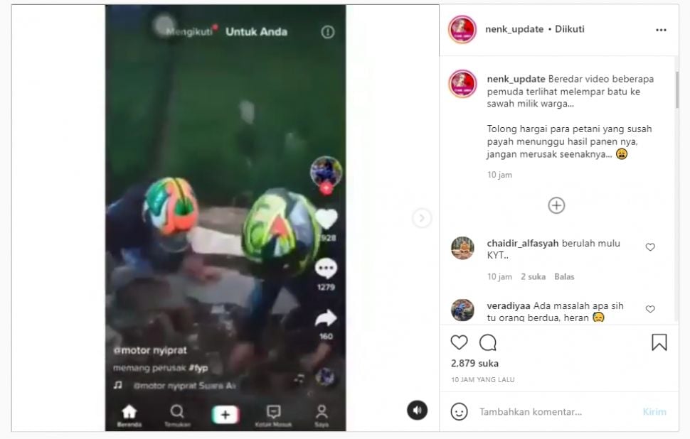 Viral pemuda lempar batu ke sawah hijau milik petani (Instagram/nenk_update).