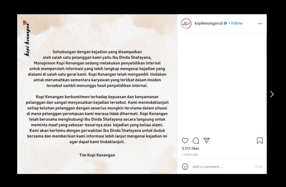 Heboh Selebgram Ngaku Pintu Toilet Didobrak, Kopi Kenangan Buka Suara. (Instagram/@kopikenangan.id)